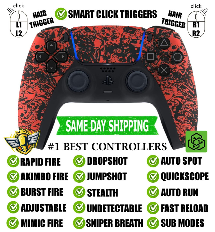 Red Skulls Pro Competition Smart Click Hair Triggers Modded Controller for PS5