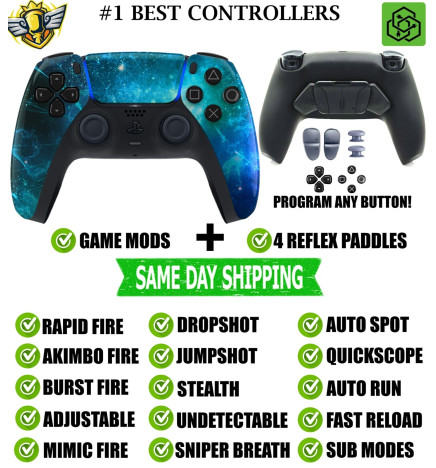 Blue Nebula Pro V4 Modded + 4 Paddles Silent Modz Wireless Controller for PS5