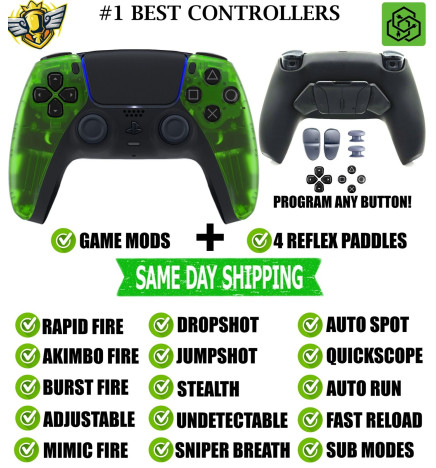 Clear Green Pro V4 Modded + 4 Paddles Silent Modz Wireless Controller for PS5
