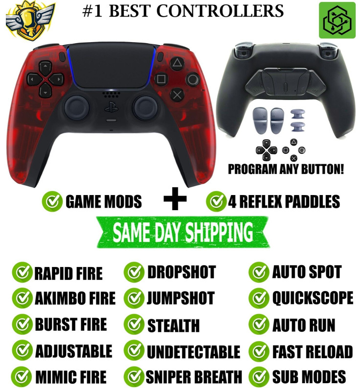 Clear Red Pro V4 Modded + 4 Paddles Silent Modz Wireless Controller for PS5
