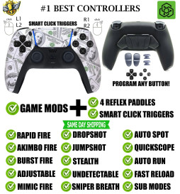 Big Money Click Triggers + V4 Modded + 4 Paddles Silent Modz Controller for PS5