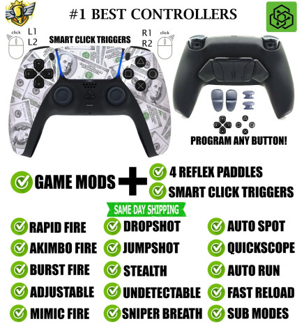 Big Money Click Triggers + V4 Modded + 4 Paddles Silent Modz Controller for PS5