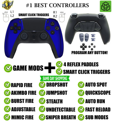 Blue Chrome Click Triggers + V4 MOD + 4 Paddles Silent Modz Controller for PS5