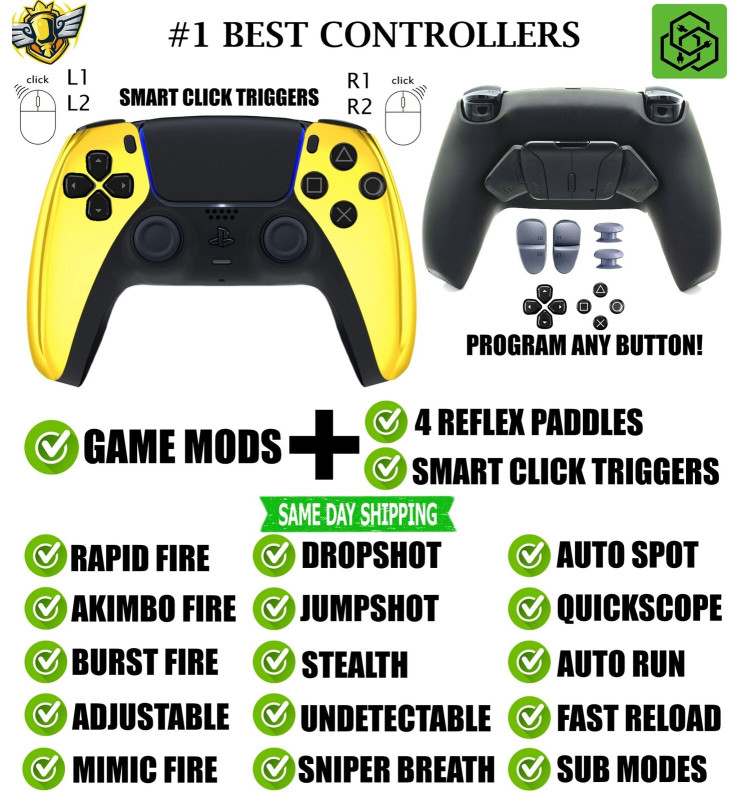 Gold Chrome Click Triggers + V4 MOD + 4 Paddles Silent Modz Controller for PS5