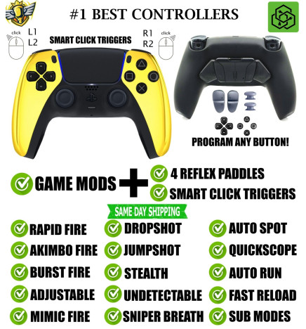 Gold Chrome Click Triggers + V4 MOD + 4 Paddles Silent Modz Controller for PS5