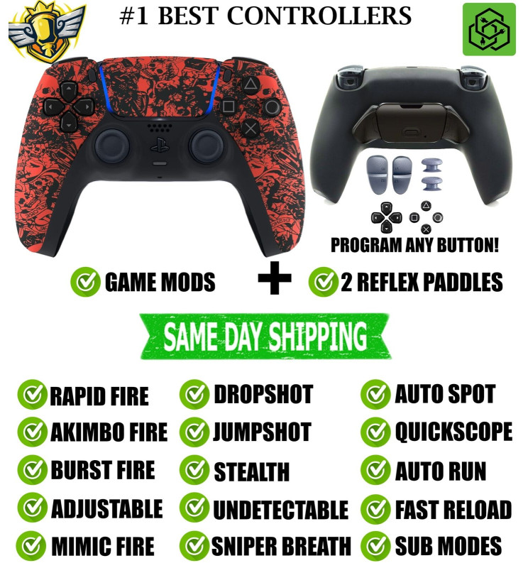 Red Skulls V2 Pro Modded + 2 Reflex Paddles Silent Modz Controller for PS5 OEM