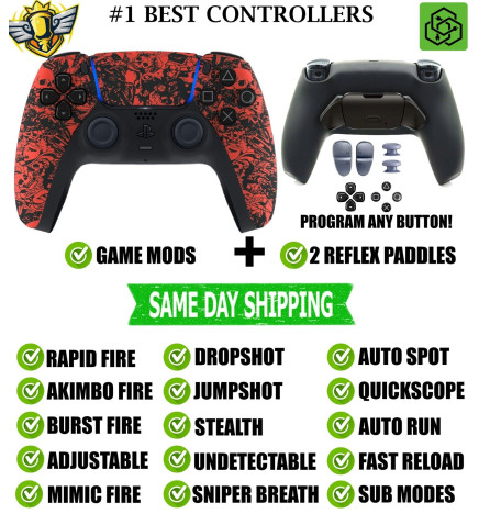 Red Skulls V2 Pro Modded + 2 Reflex Paddles Silent Modz Controller for PS5 OEM