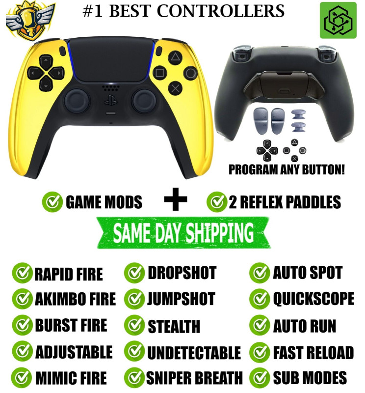 Gold Chrome V2 Pro Modded + 2 Reflex Paddles Silent Modz Controller for PS5 OEM