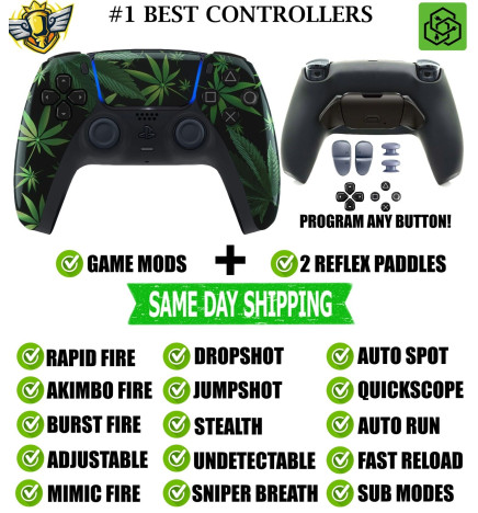 Weed Leaf V2 Pro Modded + 2 Reflex Paddles Silent Modz Controller for PS5 OEM