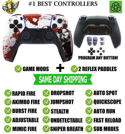 Blood Zombie V2 Pro Modded + 2 Reflex Paddles Silent Modz Controller for PS5 OEM