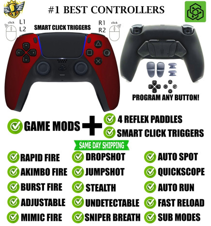 Soft Red Click Triggers + V4 Modded + 4 Paddles Silent Modz Controller for PS5
