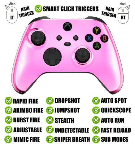 Chrome Pink Silent Modz Smart Click Triggers Modded Controller for Xbox & PC