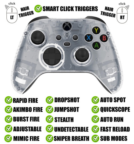 Crystal Clear Silent Modz Smart Click Triggers Modded Controller for Xbox & PC