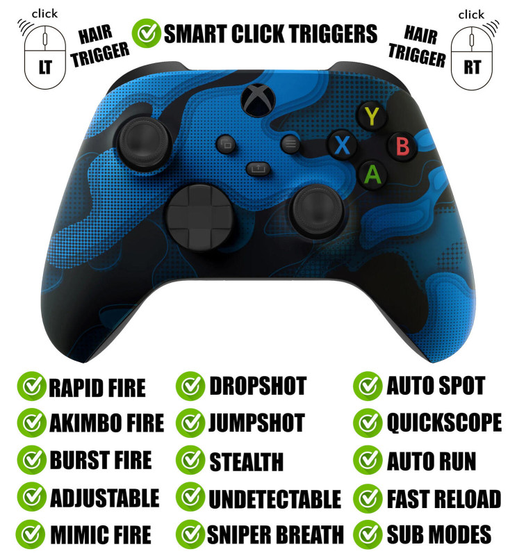 Blue Camo Silent Modz Smart Click Triggers Modded Controller for Xbox & PC