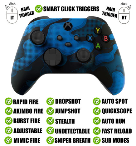 Blue Camo Silent Modz Smart Click Triggers Modded Controller for Xbox & PC