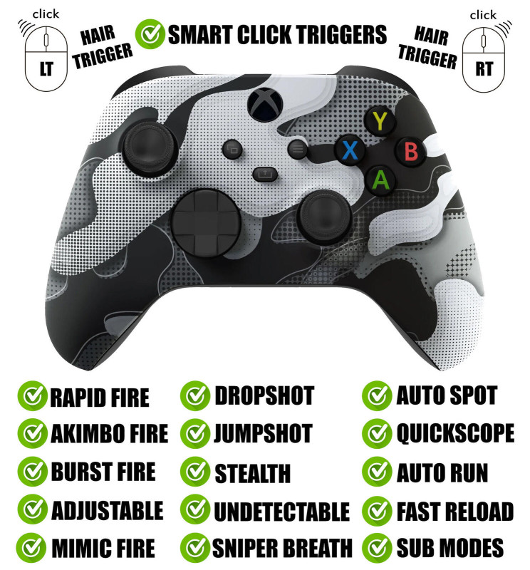 White Camo Silent Modz Smart Click Triggers Modded Controller for Xbox & PC