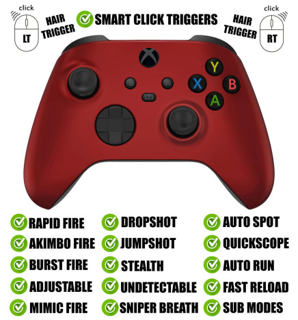 Soft Touch Red Silent Modz Smart Click Triggers Modded Controller for Xbox & PC