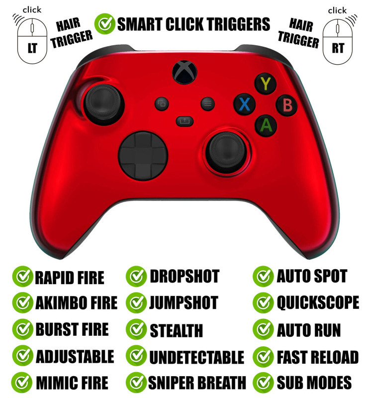 Chrome Red Silent Modz Smart Click Triggers Modded Controller for Xbox & PC